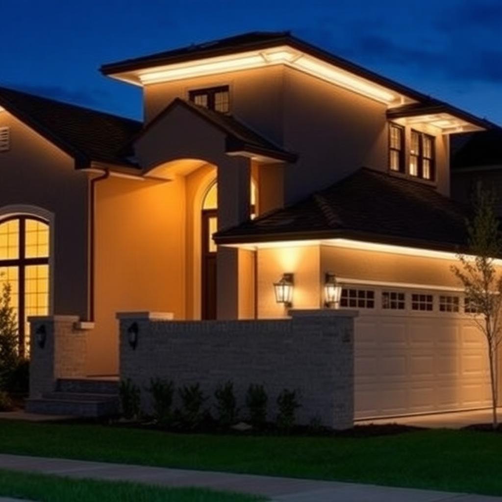Warm white permanent LED lighting on a Texas home at dusk
